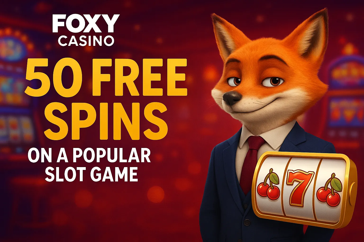 Promotional graphic for Foxy Casino free spins on a popular slot game