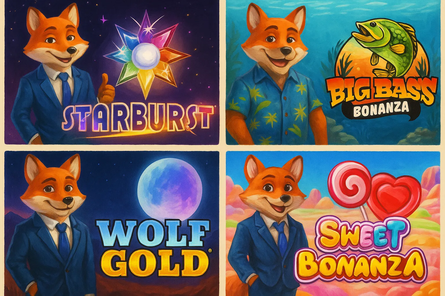 A grid showing popular Foxy slots like Starburst and Big Bass Bonanza