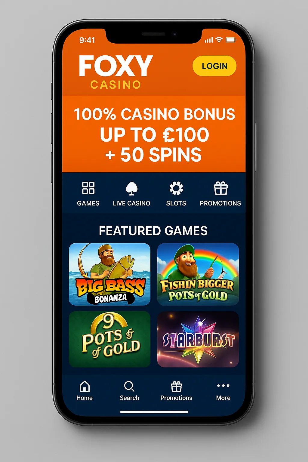 A smartphone displaying the Foxy Casino App interface