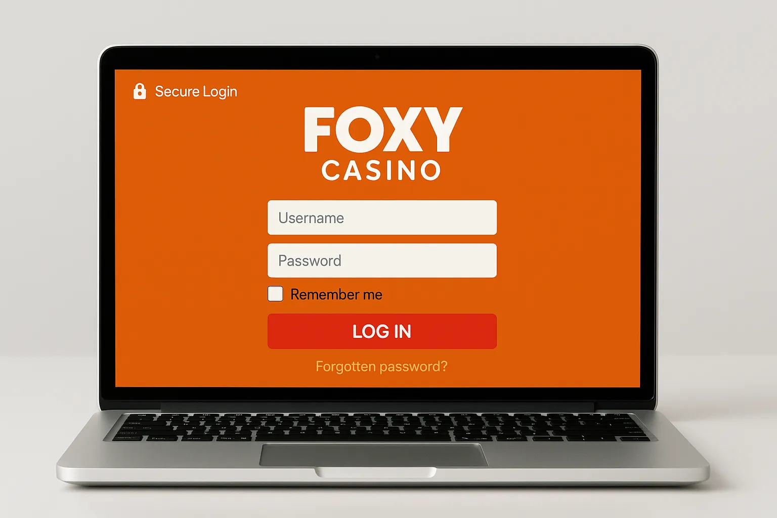 The secure Foxy Casino login page on a laptop screen