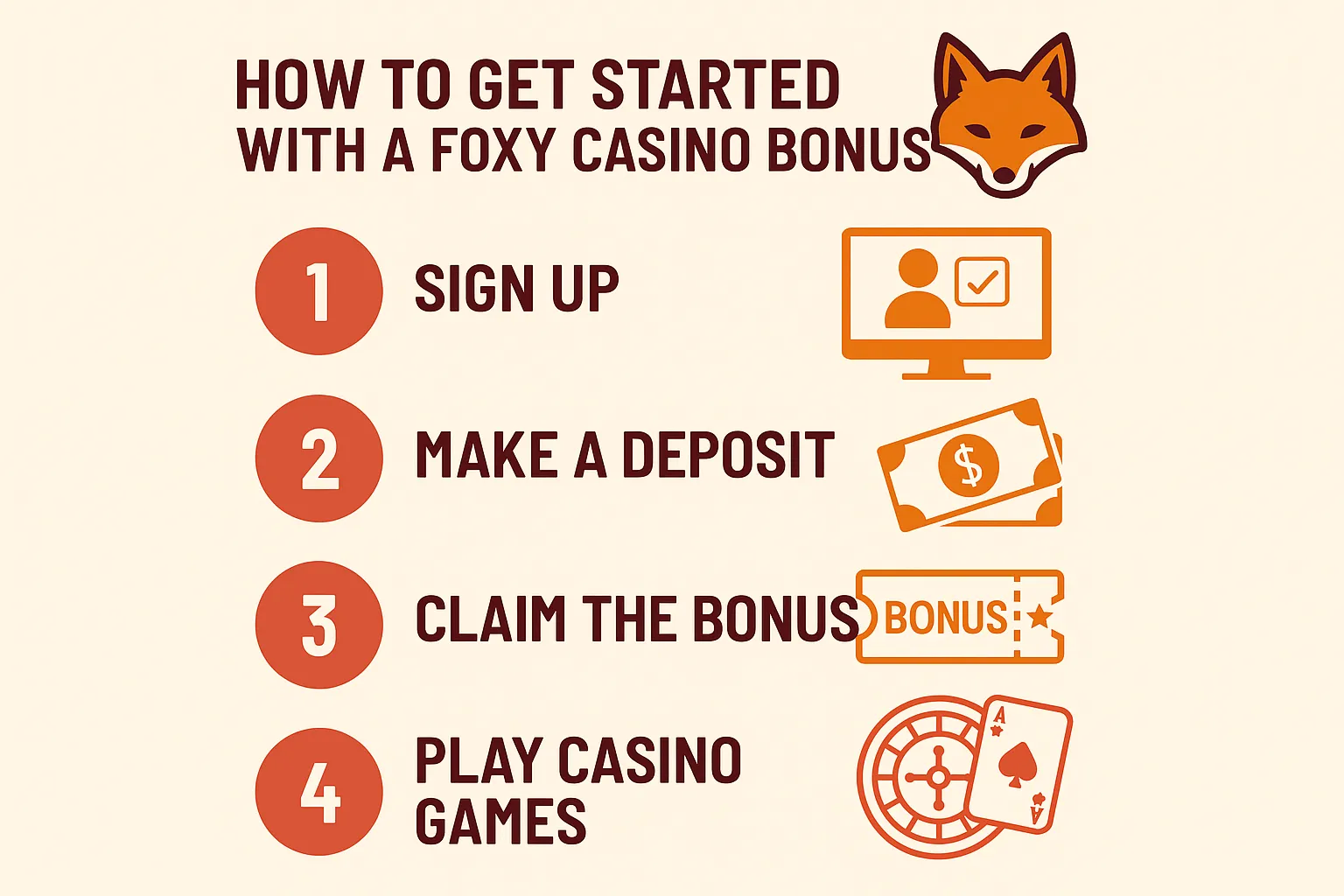 Infographic showing the steps to get started with a Foxy Casino bonus